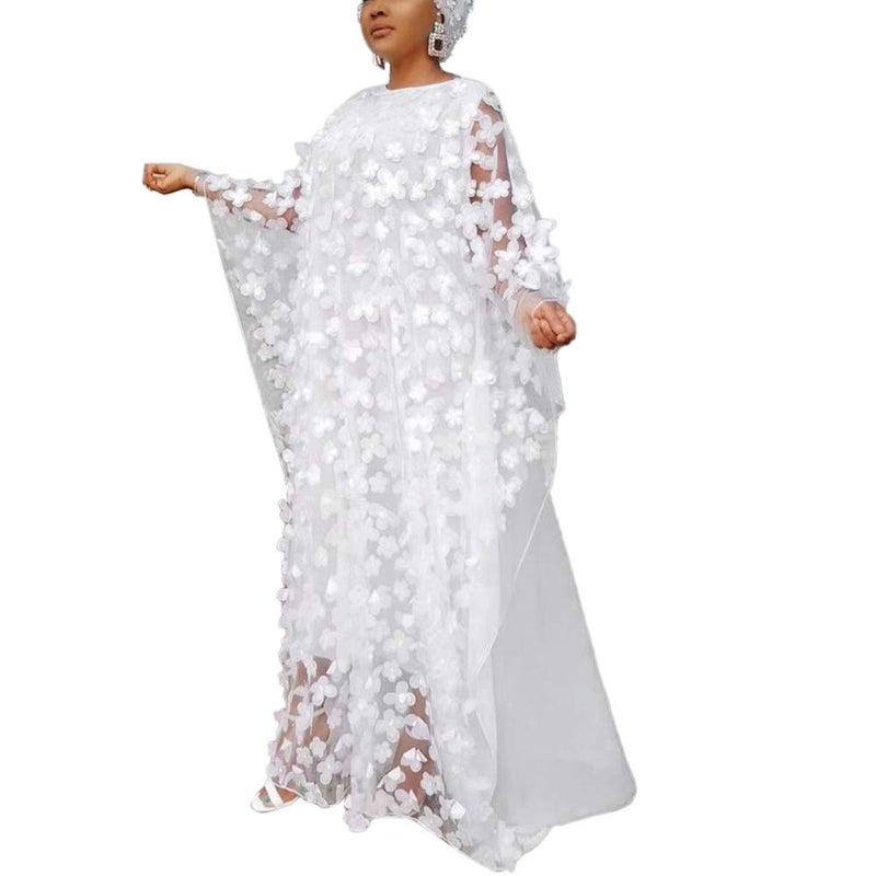 HD African Women Applique Flower Dress Boat Neck White Caftan Chiffon Gown One Size - Image 1